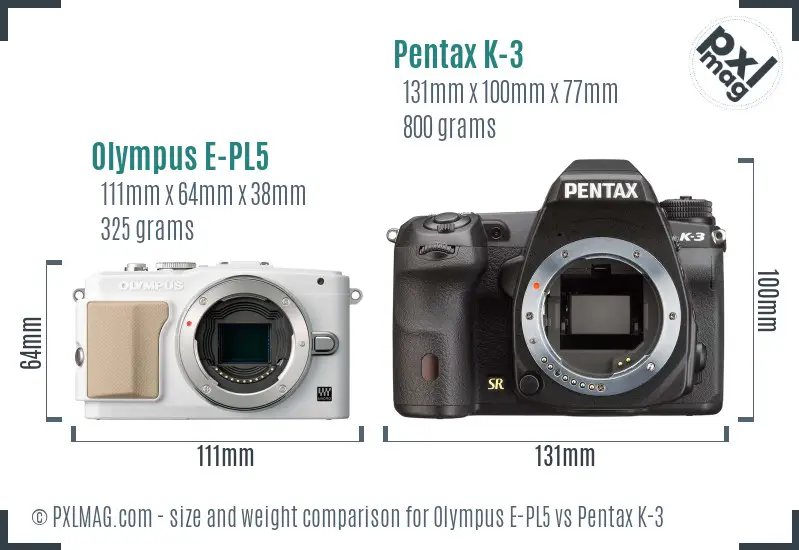 Olympus E-PL5 vs Pentax K-3 size comparison
