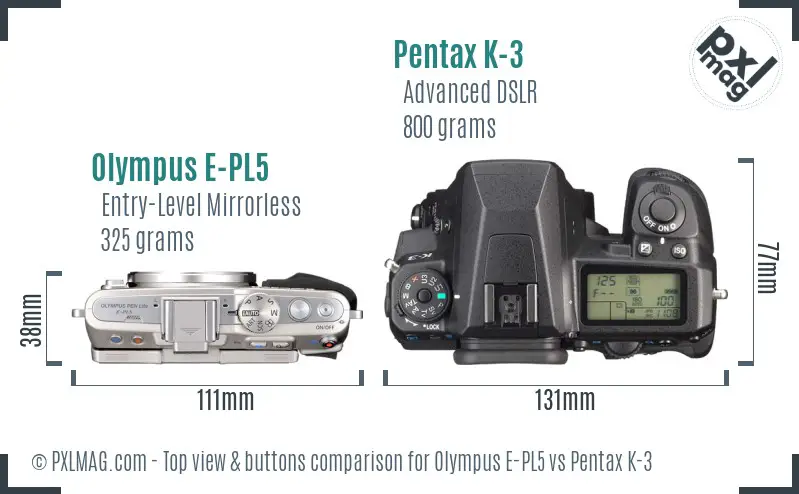 Olympus E-PL5 vs Pentax K-3 top view buttons comparison