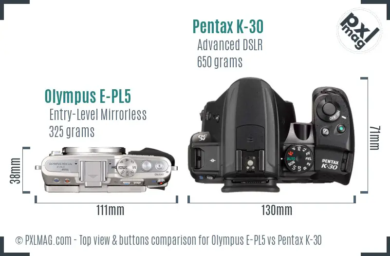 Olympus E-PL5 vs Pentax K-30 top view buttons comparison