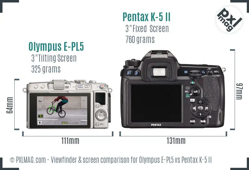Olympus E-PL5 vs Pentax K-5 II Screen and Viewfinder comparison