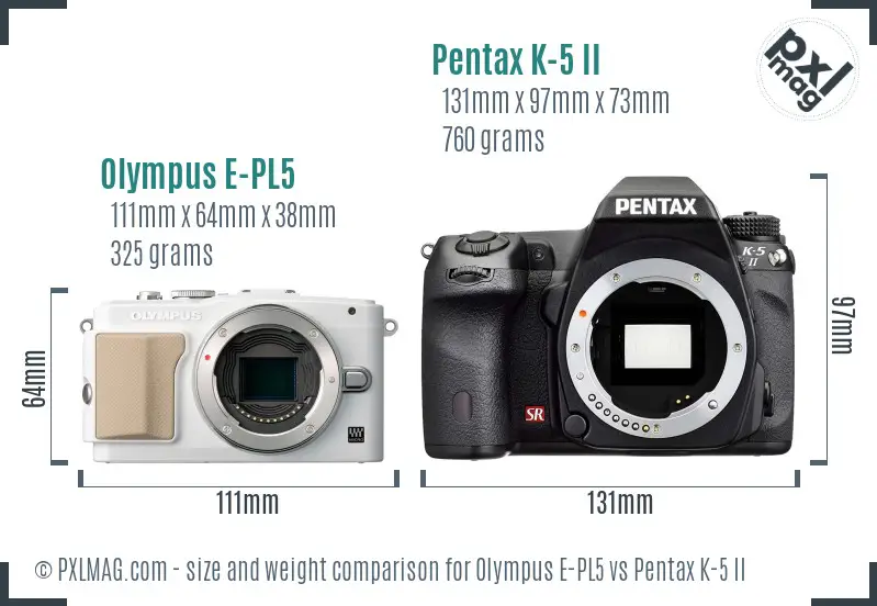 Olympus E-PL5 vs Pentax K-5 II size comparison