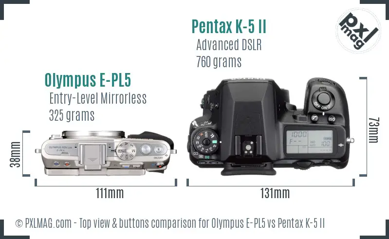 Olympus E-PL5 vs Pentax K-5 II top view buttons comparison