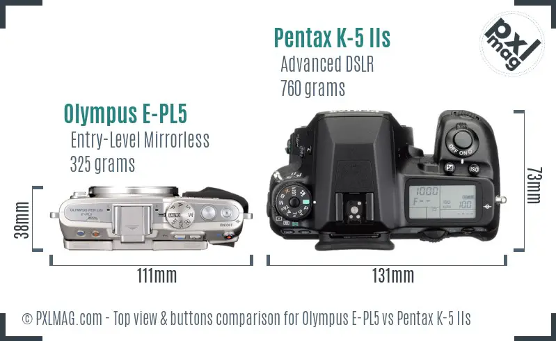 Olympus E-PL5 vs Pentax K-5 IIs top view buttons comparison