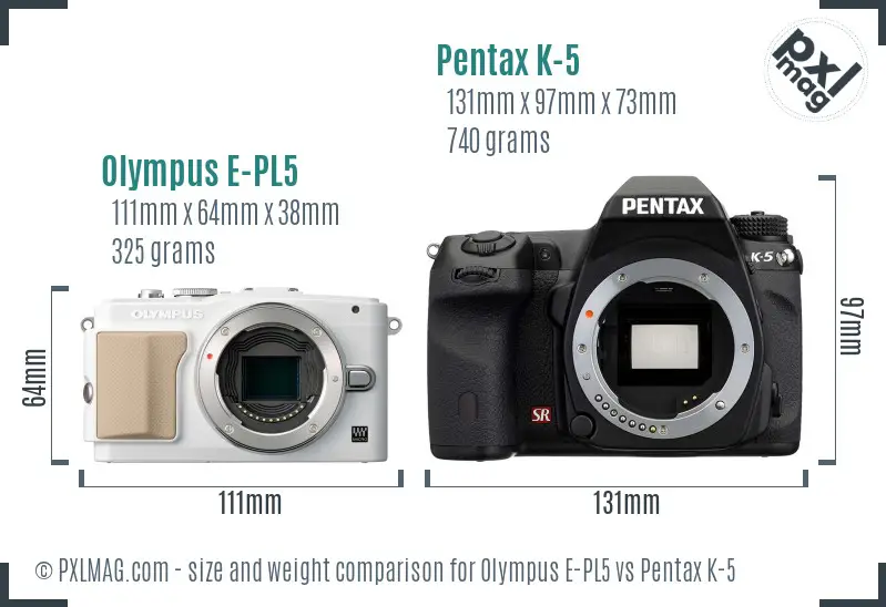Olympus E-PL5 vs Pentax K-5 size comparison