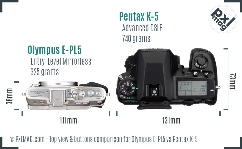 Olympus E-PL5 vs Pentax K-5 top view buttons comparison