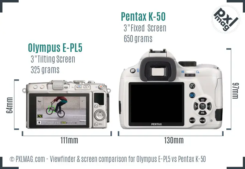 Olympus E-PL5 vs Pentax K-50 Screen and Viewfinder comparison