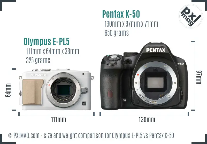 Olympus E-PL5 vs Pentax K-50 size comparison