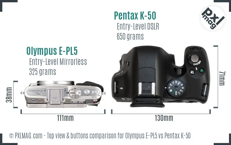 Olympus E-PL5 vs Pentax K-50 top view buttons comparison