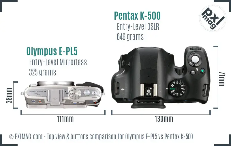 Olympus E-PL5 vs Pentax K-500 top view buttons comparison