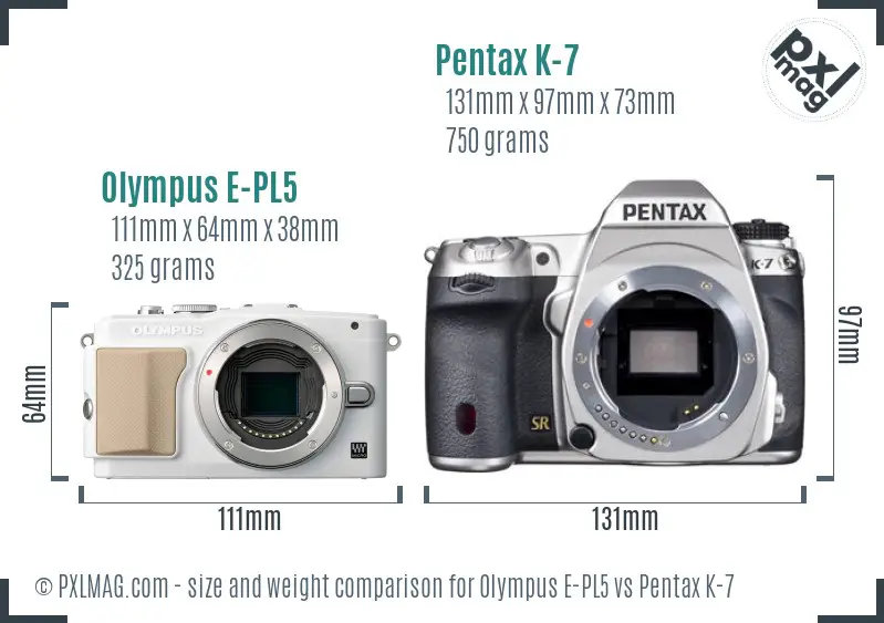 Olympus E-PL5 vs Pentax K-7 size comparison
