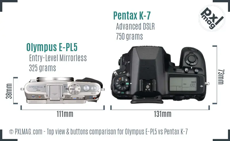 Olympus E-PL5 vs Pentax K-7 top view buttons comparison