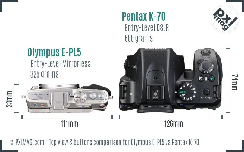 Olympus E-PL5 vs Pentax K-70 top view buttons comparison