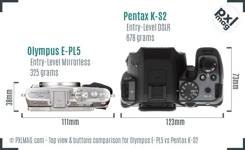 Olympus E-PL5 vs Pentax K-S2 top view buttons comparison