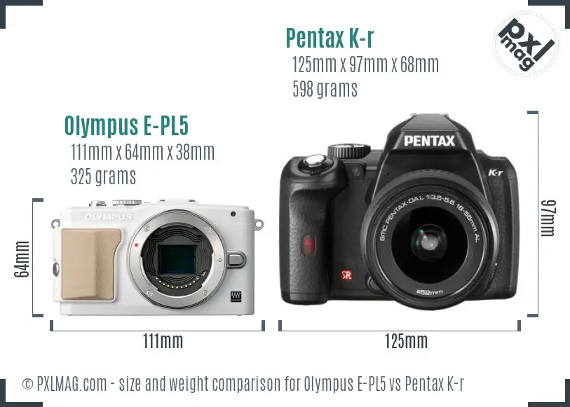 Olympus E-PL5 vs Pentax K-r size comparison