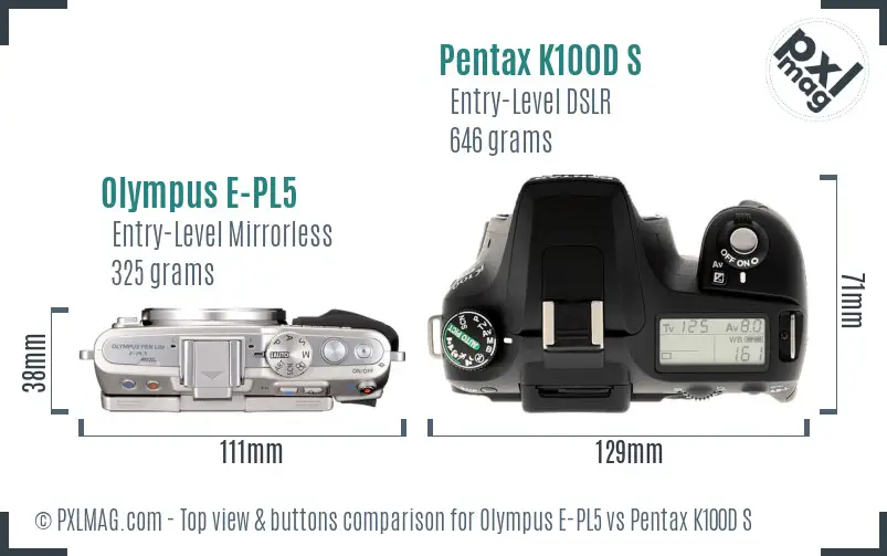Olympus E-PL5 vs Pentax K100D S top view buttons comparison