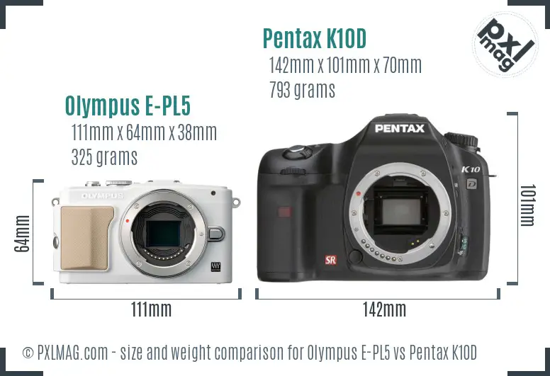 Olympus E-PL5 vs Pentax K10D size comparison