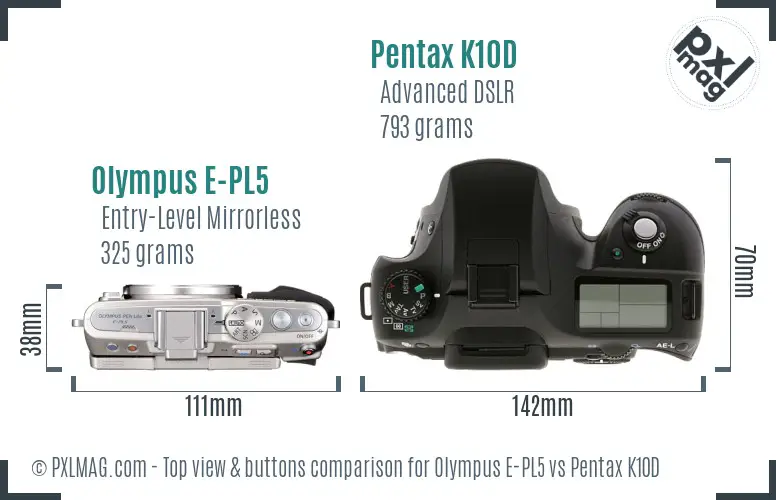 Olympus E-PL5 vs Pentax K10D top view buttons comparison