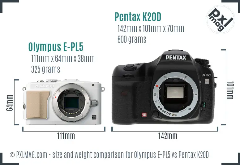 Olympus E-PL5 vs Pentax K20D size comparison