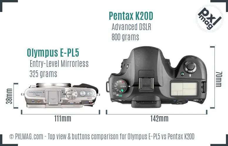 Olympus E-PL5 vs Pentax K20D top view buttons comparison