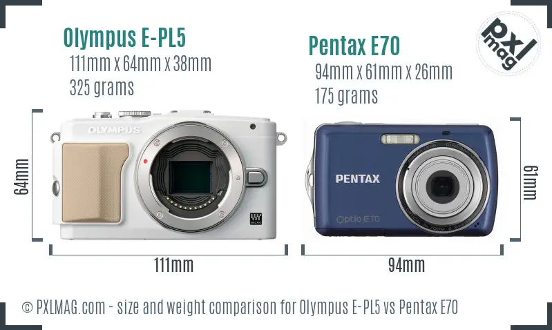 Olympus E-PL5 vs Pentax E70 size comparison