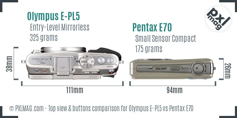 Olympus E-PL5 vs Pentax E70 top view buttons comparison