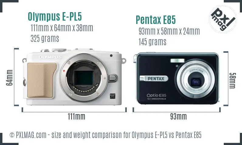 Olympus E-PL5 vs Pentax E85 size comparison