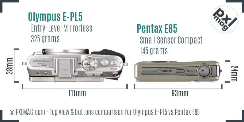 Olympus E-PL5 vs Pentax E85 top view buttons comparison