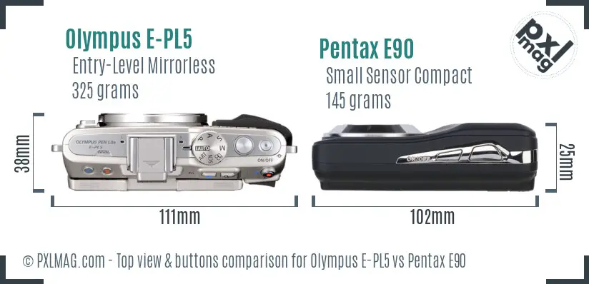 Olympus E-PL5 vs Pentax E90 top view buttons comparison