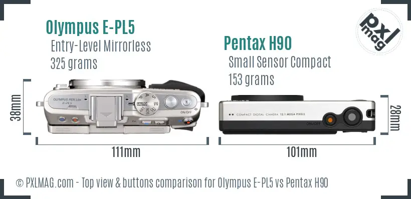 Olympus E-PL5 vs Pentax H90 top view buttons comparison