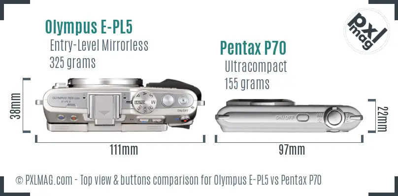 Olympus E-PL5 vs Pentax P70 top view buttons comparison