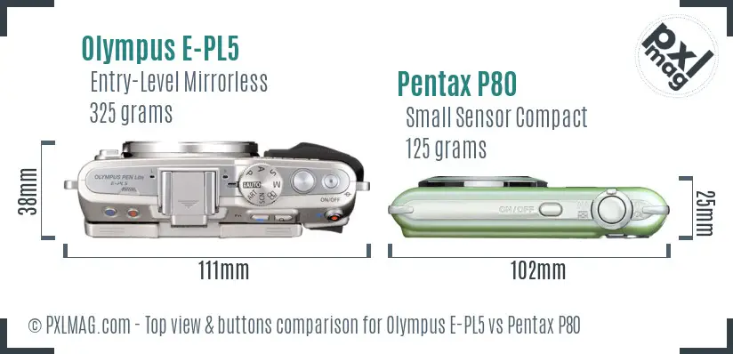Olympus E-PL5 vs Pentax P80 top view buttons comparison