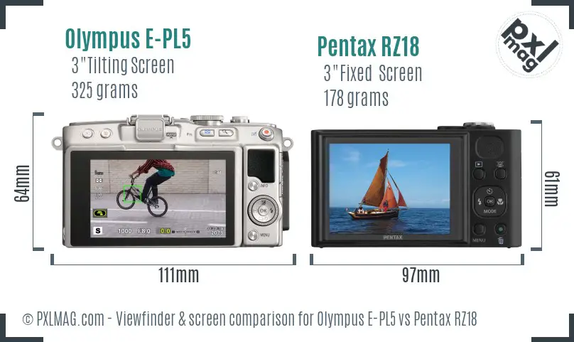 Olympus E-PL5 vs Pentax RZ18 Screen and Viewfinder comparison
