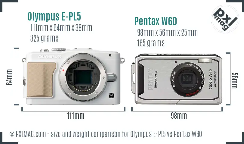 Olympus E-PL5 vs Pentax W60 size comparison