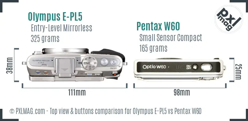 Olympus E-PL5 vs Pentax W60 top view buttons comparison