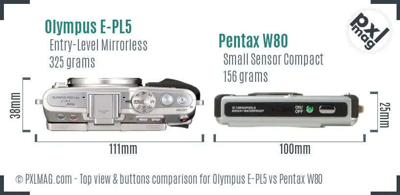 Olympus E-PL5 vs Pentax W80 top view buttons comparison