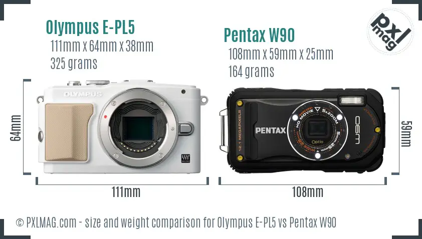Olympus E-PL5 vs Pentax W90 size comparison