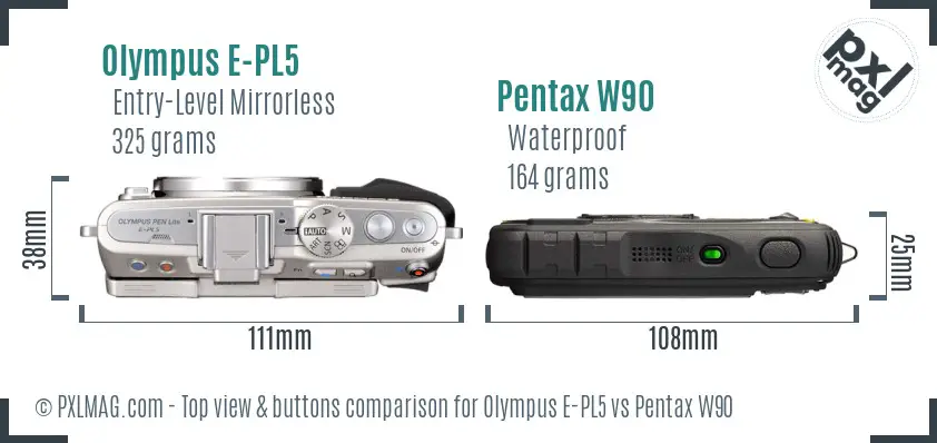 Olympus E-PL5 vs Pentax W90 top view buttons comparison