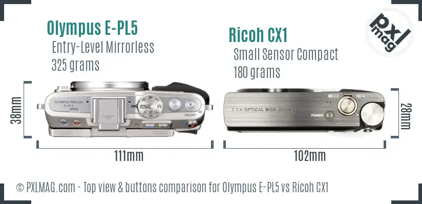 Olympus E-PL5 vs Ricoh CX1 top view buttons comparison