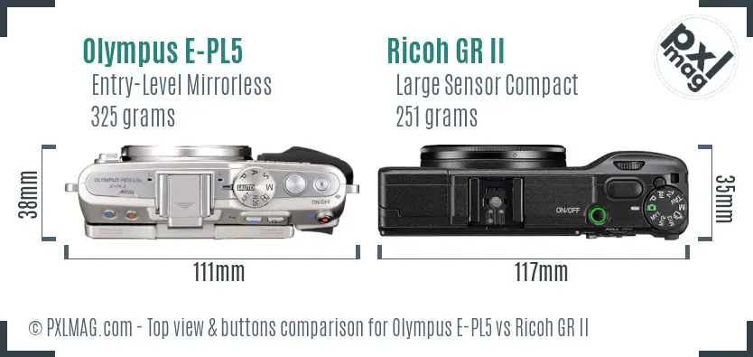 Olympus E-PL5 vs Ricoh GR II top view buttons comparison