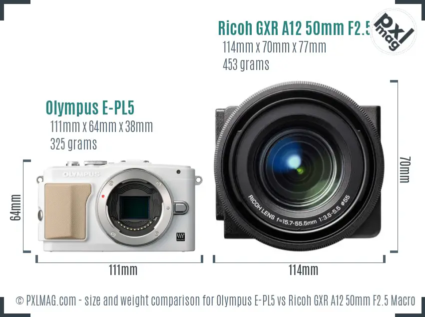 Olympus E-PL5 vs Ricoh GXR A12 50mm F2.5 Macro size comparison Olympus E-PL5 vs Ricoh GXR A12 50mm F2.5 Macro size comparison