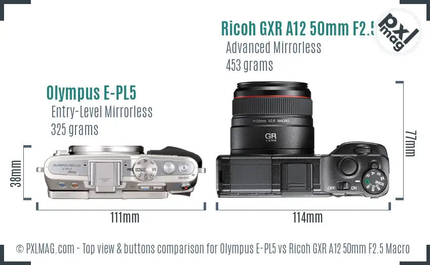 Olympus E-PL5 vs Ricoh GXR A12 50mm F2.5 Macro top view buttons comparison Olympus E-PL5 vs Ricoh GXR A12 50mm F2.5 Macro top view buttons comparison