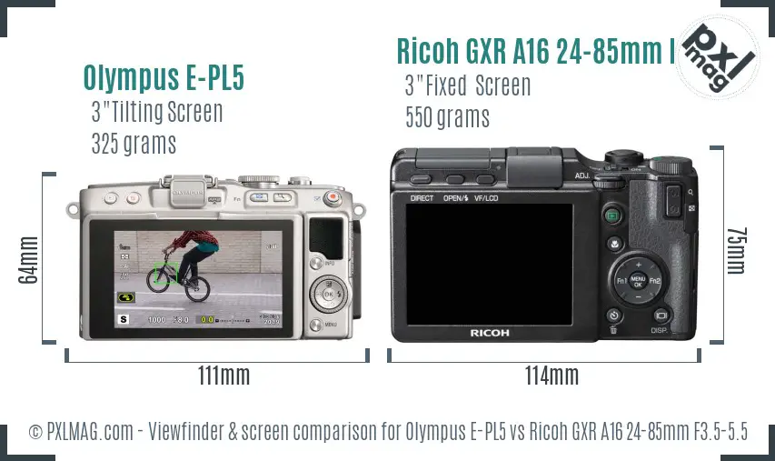 Olympus E-PL5 vs Ricoh GXR A16 24-85mm F3.5-5.5 Screen and Viewfinder comparison
