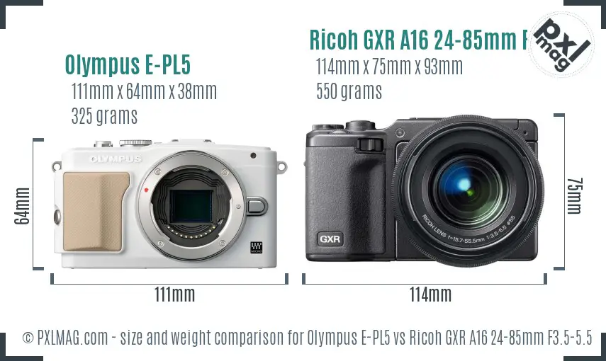 Olympus E-PL5 vs Ricoh GXR A16 24-85mm F3.5-5.5 size comparison