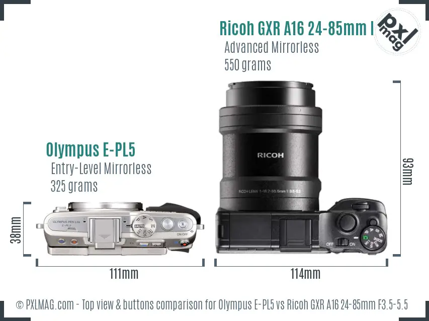Olympus E-PL5 vs Ricoh GXR A16 24-85mm F3.5-5.5 top view buttons comparison