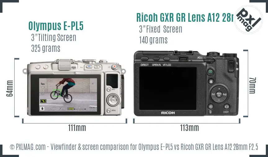 Olympus E-PL5 vs Ricoh GXR GR Lens A12 28mm F2.5 Screen and Viewfinder comparison