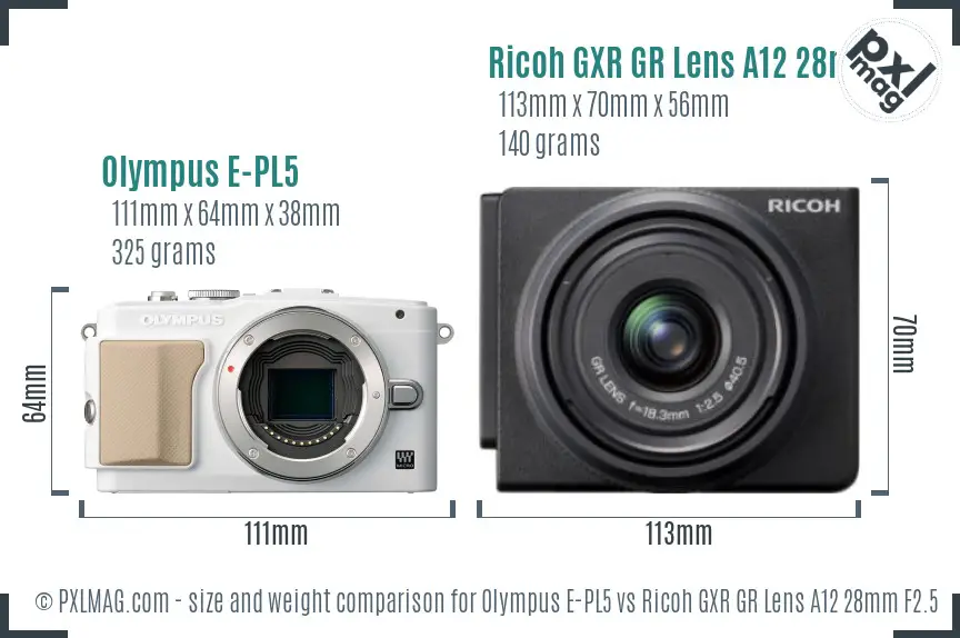 Olympus E-PL5 vs Ricoh GXR GR Lens A12 28mm F2.5 size comparison