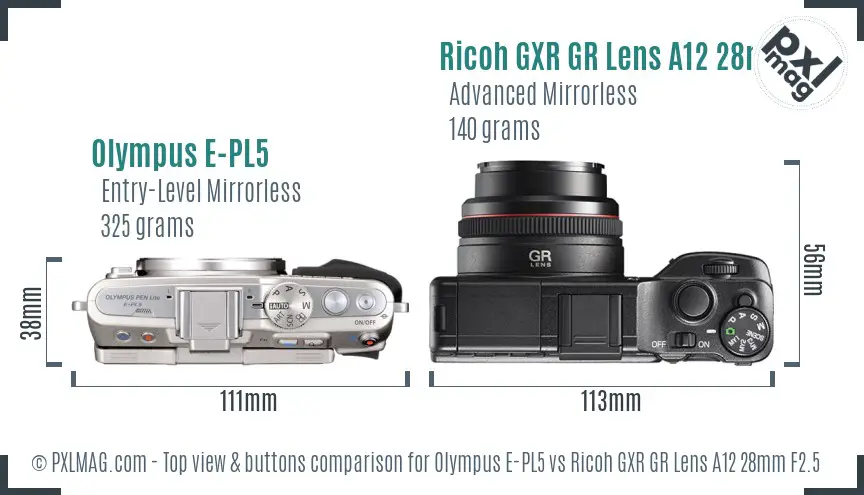 Olympus E-PL5 vs Ricoh GXR GR Lens A12 28mm F2.5 top view buttons comparison