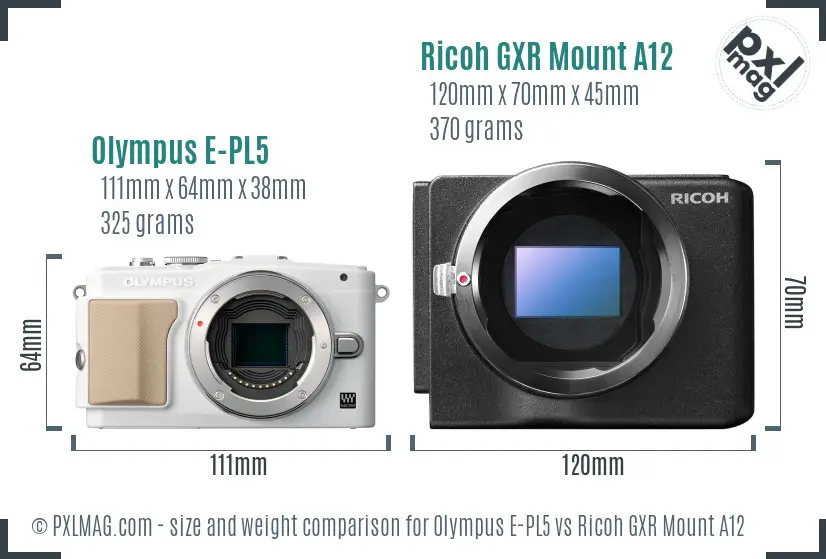 Olympus E-PL5 vs Ricoh GXR Mount A12 size comparison Olympus E-PL5 vs Ricoh GXR Mount A12 size comparison