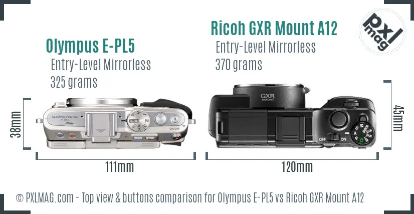 Olympus E-PL5 vs Ricoh GXR Mount A12 top view buttons comparison Olympus E-PL5 vs Ricoh GXR Mount A12 top view buttons comparison