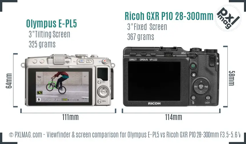 Olympus E-PL5 vs Ricoh GXR P10 28-300mm F3.5-5.6 VC Screen and Viewfinder comparison